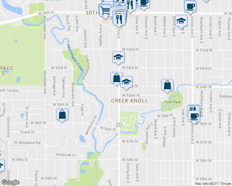 map of restaurants, bars, coffee shops, grocery stores, and more near 5429 Halifax Lane in Edina