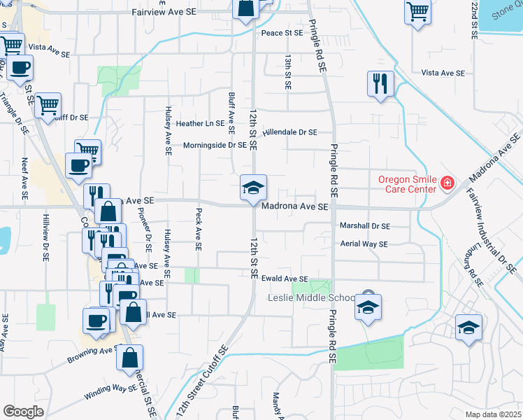 map of restaurants, bars, coffee shops, grocery stores, and more near 1210 Madrona Avenue Southeast in Salem