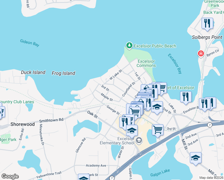 map of restaurants, bars, coffee shops, grocery stores, and more near 190 3rd Street in Excelsior