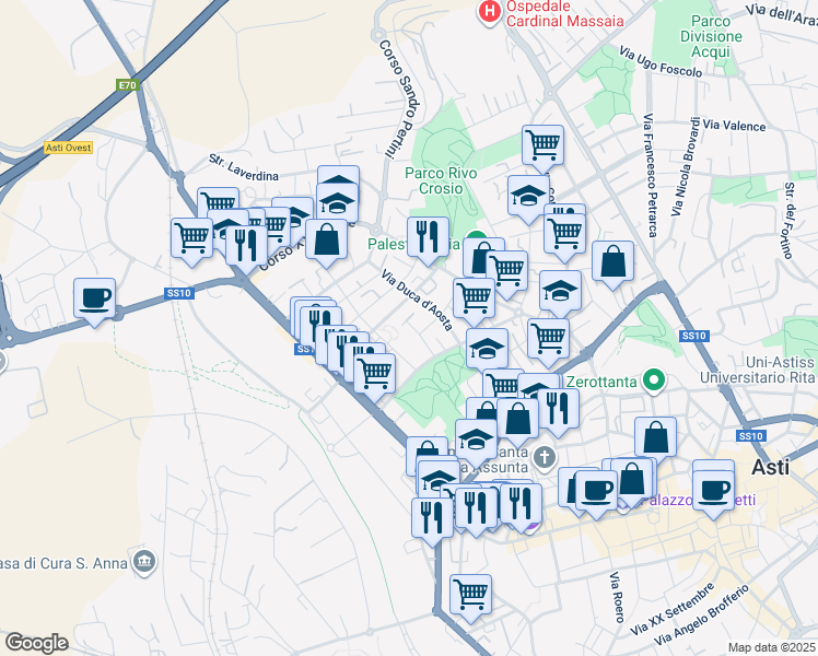 map of restaurants, bars, coffee shops, grocery stores, and more near 1 Via Morando Silvio in Asti