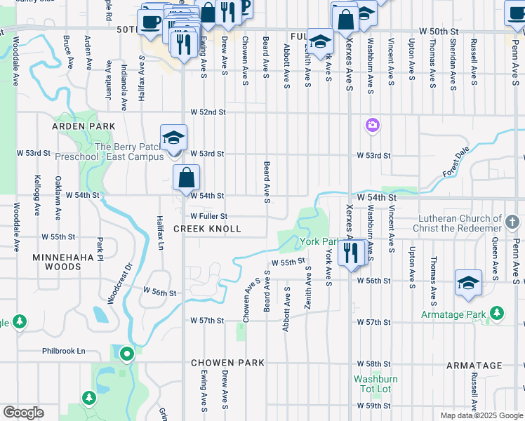 map of restaurants, bars, coffee shops, grocery stores, and more near 3501 West Fuller Street in Edina