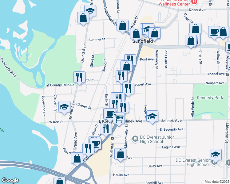 map of restaurants, bars, coffee shops, grocery stores, and more near 5817 Volkman Street in Schofield