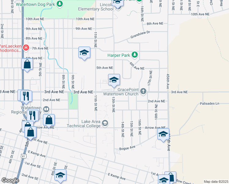 map of restaurants, bars, coffee shops, grocery stores, and more near 1311 3rd Avenue Northeast in Watertown