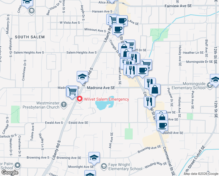 map of restaurants, bars, coffee shops, grocery stores, and more near 400 Madrona Avenue Southeast in Salem