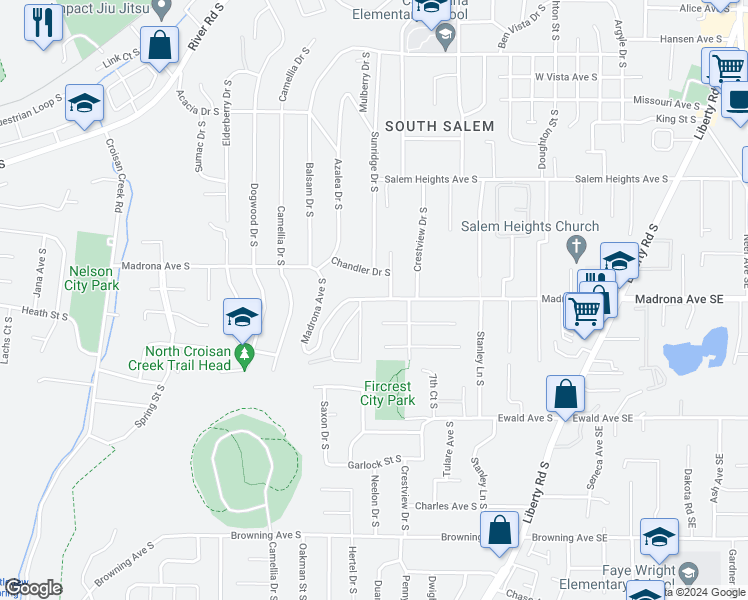 map of restaurants, bars, coffee shops, grocery stores, and more near 3557 Sunridge Drive South in Salem