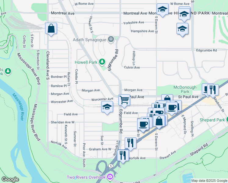 map of restaurants, bars, coffee shops, grocery stores, and more near 1275 Saint Paul Avenue in Saint Paul