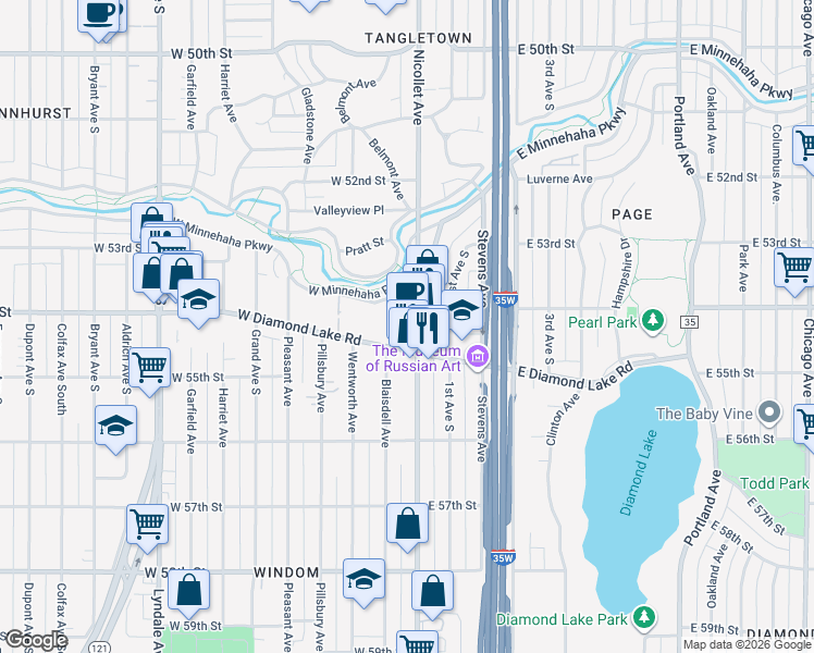 map of restaurants, bars, coffee shops, grocery stores, and more near 5426 Nicollet Avenue in Minneapolis