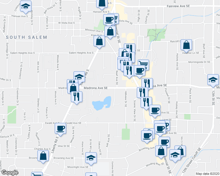 map of restaurants, bars, coffee shops, grocery stores, and more near 404 Madrona Avenue Southeast in Salem