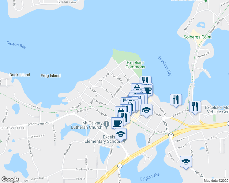 map of restaurants, bars, coffee shops, grocery stores, and more near 226 Courtland Street in Excelsior