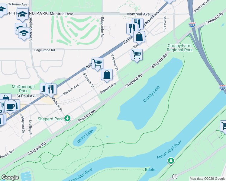 map of restaurants, bars, coffee shops, grocery stores, and more near 2067 Shepard Road in Saint Paul