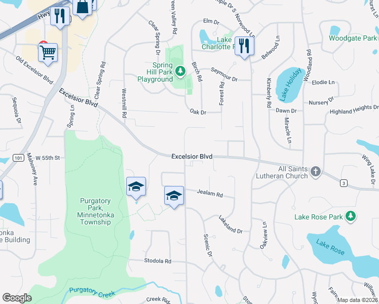 map of restaurants, bars, coffee shops, grocery stores, and more near 5321 Scenic Heights Drive in Minnetonka