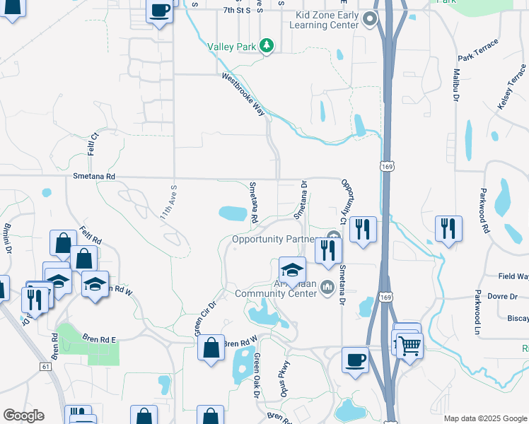 map of restaurants, bars, coffee shops, grocery stores, and more near 5455 Smetana Drive in Minnetonka