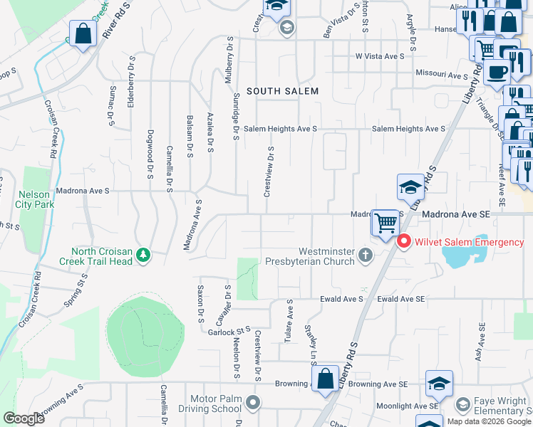 map of restaurants, bars, coffee shops, grocery stores, and more near 3498 Crestview Drive South in Salem