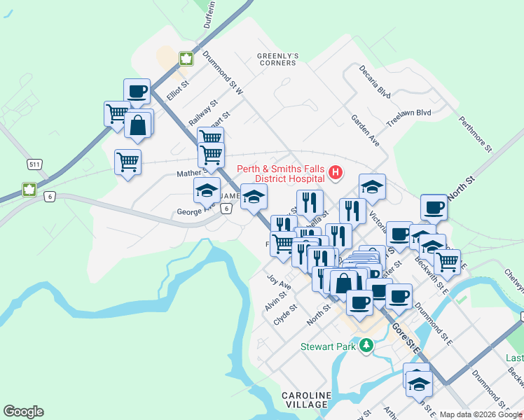 map of restaurants, bars, coffee shops, grocery stores, and more near 75 Wilson Street West in Perth