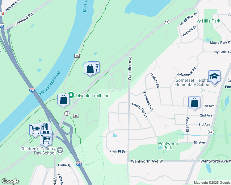 map of restaurants, bars, coffee shops, grocery stores, and more near 1321 Riverside Lane in Mendota Heights