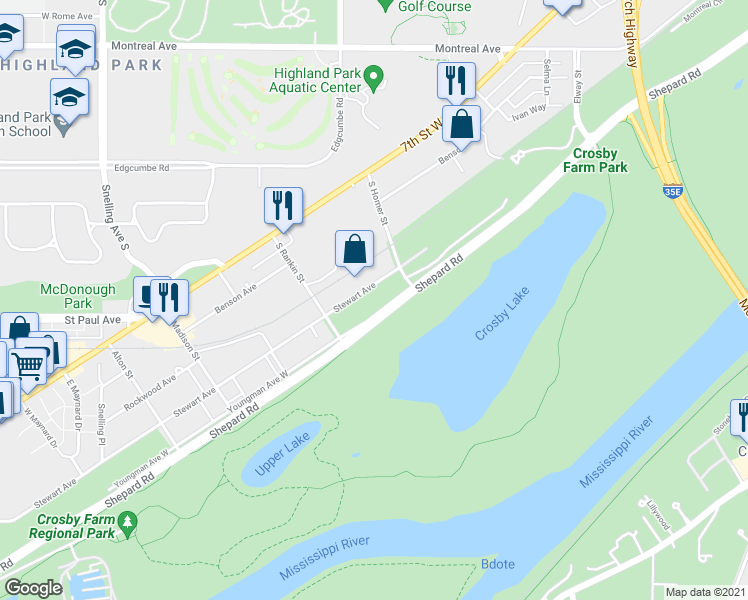 map of restaurants, bars, coffee shops, grocery stores, and more near 2067 Shepard Road in Saint Paul