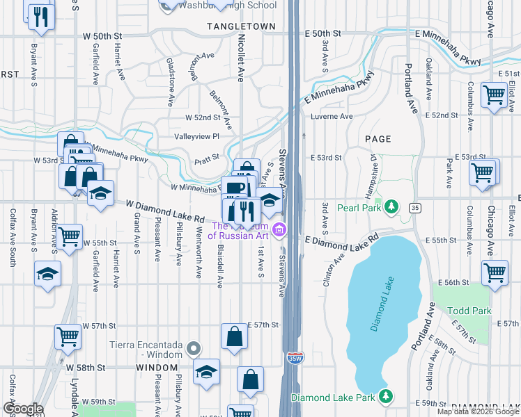 map of restaurants, bars, coffee shops, grocery stores, and more near 5353 Nicollet Avenue in Minneapolis