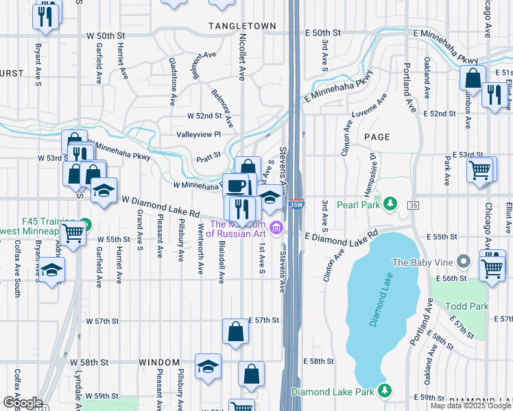 map of restaurants, bars, coffee shops, grocery stores, and more near 5353 Nicollet Avenue in Minneapolis
