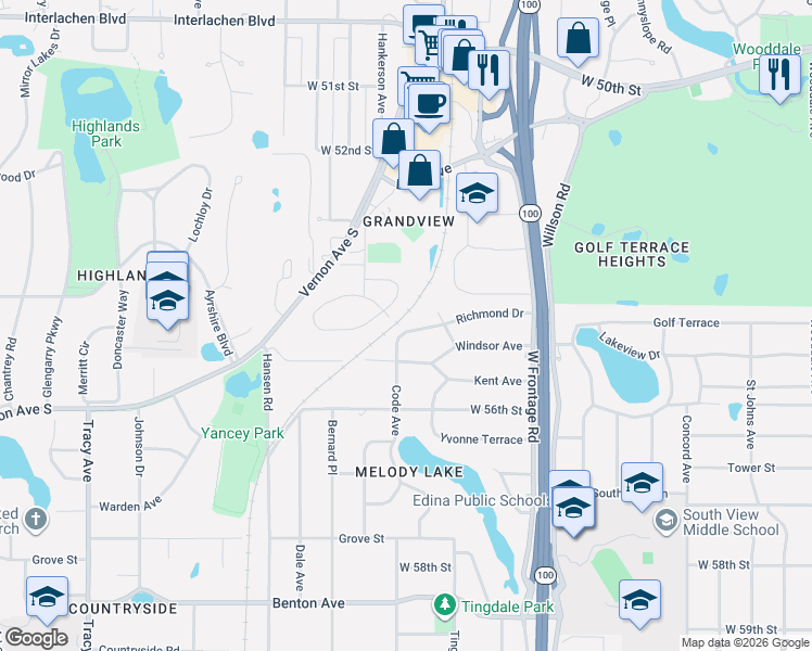 map of restaurants, bars, coffee shops, grocery stores, and more near 5408 Edenmoor Street in Edina