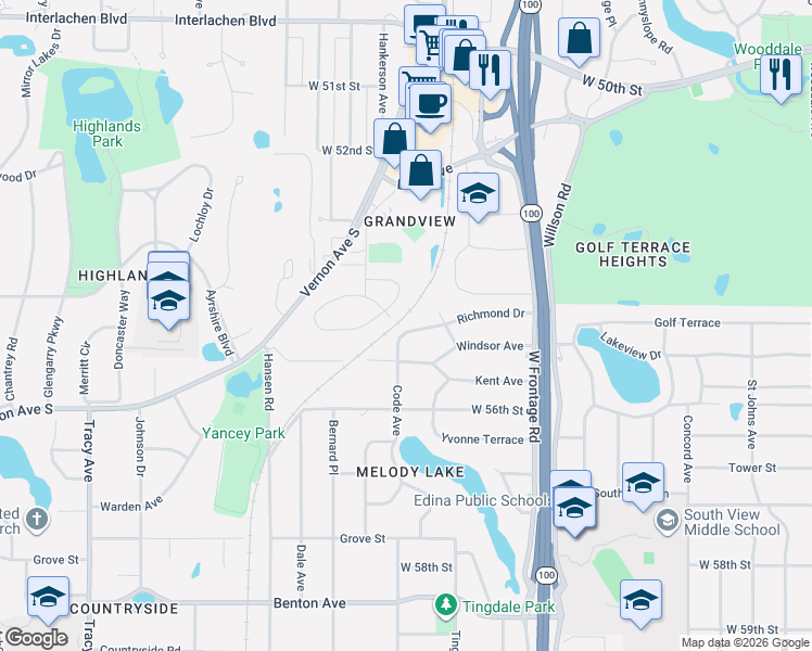 map of restaurants, bars, coffee shops, grocery stores, and more near 5408 Edenmoor Street in Edina