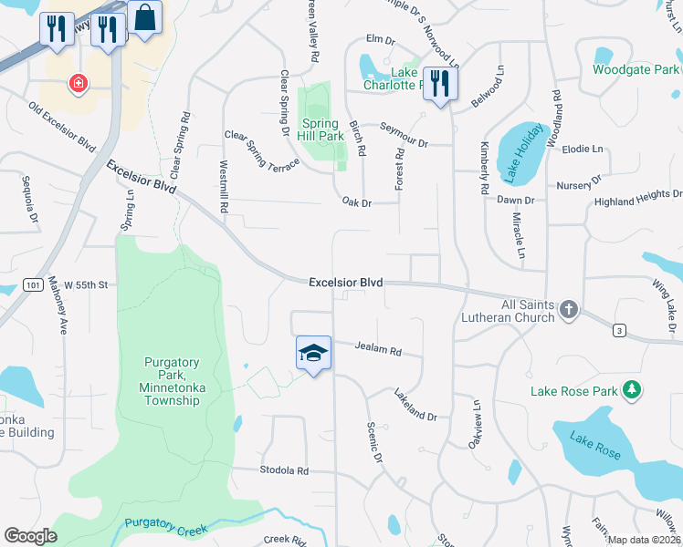 map of restaurants, bars, coffee shops, grocery stores, and more near 5321 Scenic Heights Drive in Minnetonka