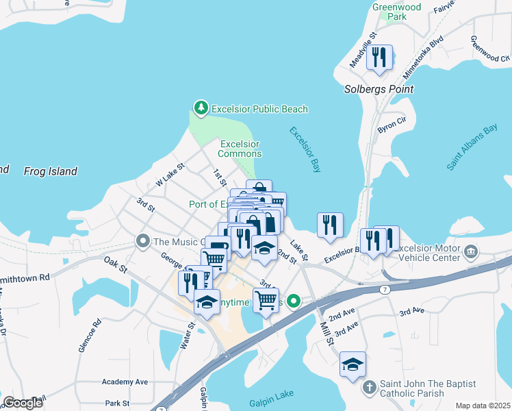 map of restaurants, bars, coffee shops, grocery stores, and more near 264 Lake Street in Excelsior