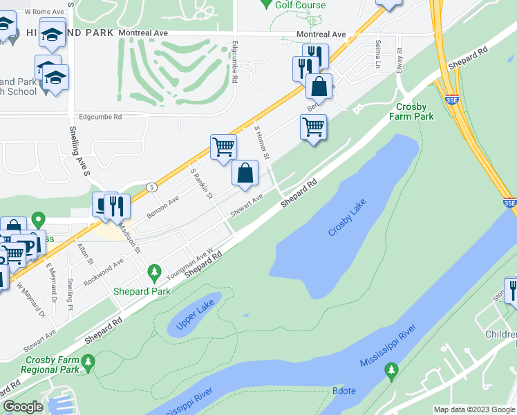 map of restaurants, bars, coffee shops, grocery stores, and more near 2067 Shepard Road in Saint Paul