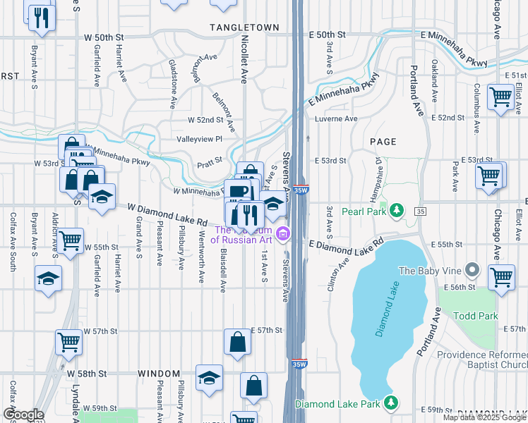 map of restaurants, bars, coffee shops, grocery stores, and more near 5353 Nicollet Avenue in Minneapolis
