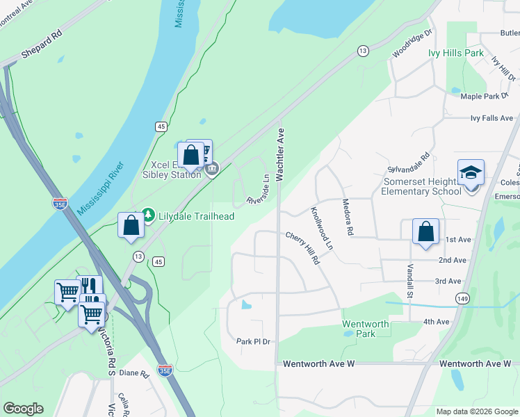 map of restaurants, bars, coffee shops, grocery stores, and more near 1321 Riverside Lane in Mendota Heights