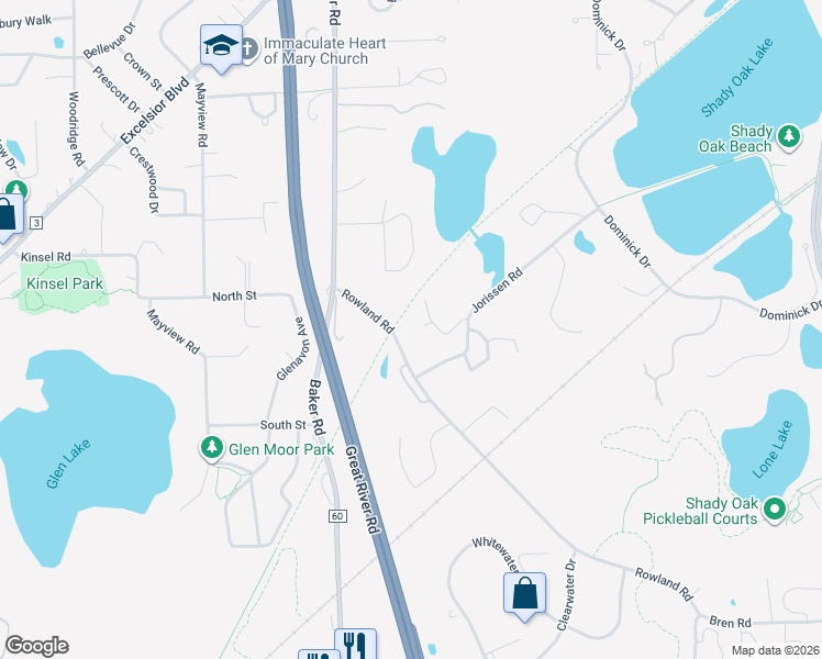 map of restaurants, bars, coffee shops, grocery stores, and more near 5410 Rowland Park Road in Hopkins