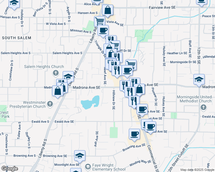 map of restaurants, bars, coffee shops, grocery stores, and more near 3441 Neef Avenue Southeast in Salem