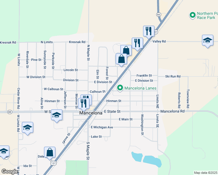 map of restaurants, bars, coffee shops, grocery stores, and more near 311 East Division Street in Mancelona