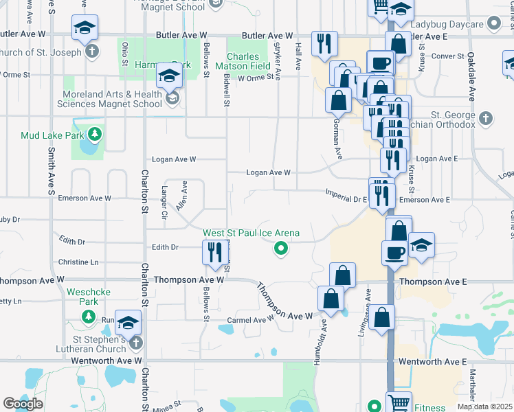 map of restaurants, bars, coffee shops, grocery stores, and more near 90 Imperial Drive West in West Saint Paul
