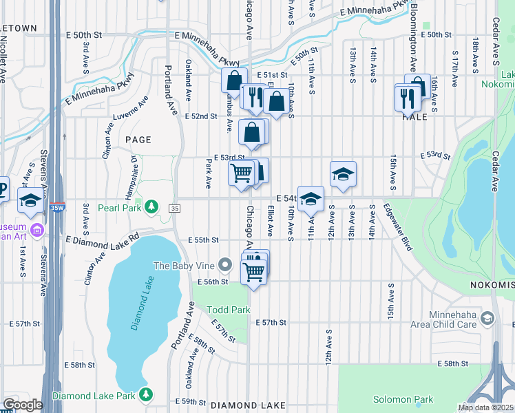 map of restaurants, bars, coffee shops, grocery stores, and more near 5347 Chicago Avenue in Minneapolis