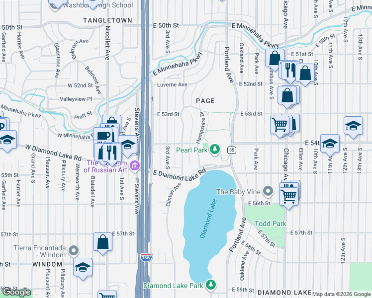 map of restaurants, bars, coffee shops, grocery stores, and more near 5341 Clinton Avenue in Minneapolis
