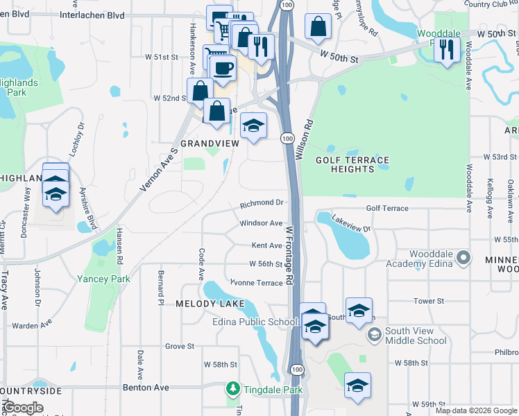 map of restaurants, bars, coffee shops, grocery stores, and more near 5036 Richmond Drive in Edina