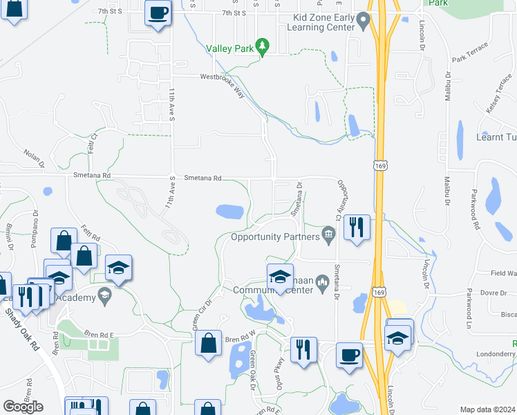 map of restaurants, bars, coffee shops, grocery stores, and more near Highway 7 in Minnetonka
