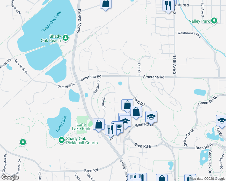 map of restaurants, bars, coffee shops, grocery stores, and more near 5431 Pompano Drive in Hopkins