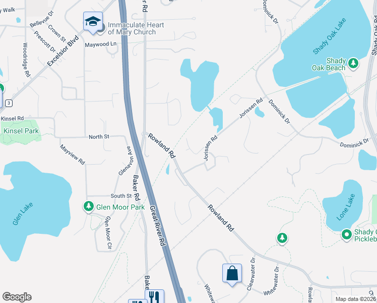 map of restaurants, bars, coffee shops, grocery stores, and more near 5410 Rowland Park Road in Hopkins