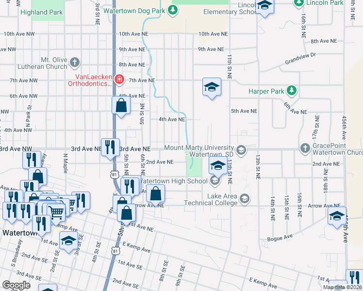 map of restaurants, bars, coffee shops, grocery stores, and more near 320 8th Street Northeast in Watertown