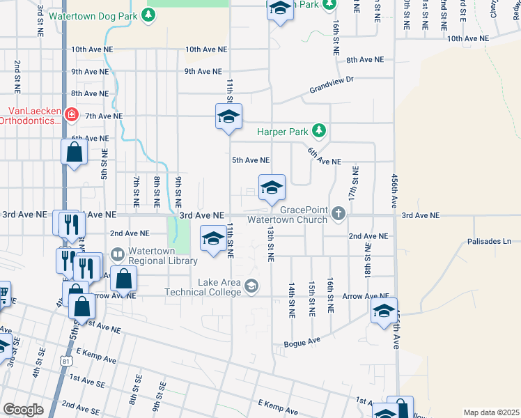 map of restaurants, bars, coffee shops, grocery stores, and more near 321 13th Street Northeast in Watertown