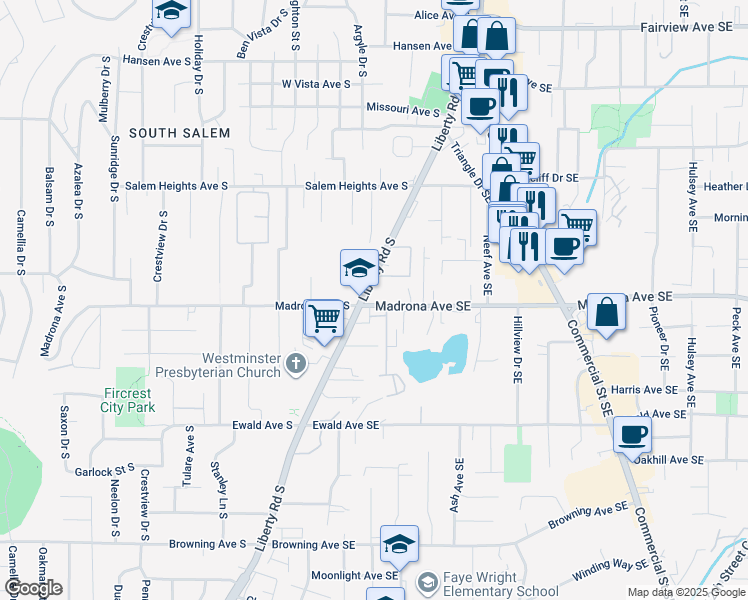 map of restaurants, bars, coffee shops, grocery stores, and more near 3480 Liberty Road South in Salem