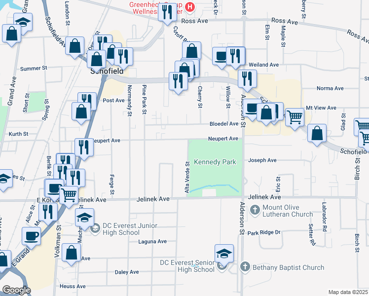 map of restaurants, bars, coffee shops, grocery stores, and more near 2006 Neupert Avenue in Schofield