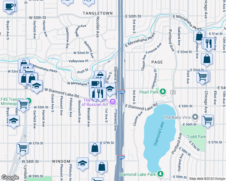 map of restaurants, bars, coffee shops, grocery stores, and more near 115 East 54th Street in Minneapolis