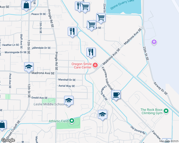 map of restaurants, bars, coffee shops, grocery stores, and more near 2015 Madrona Avenue Southeast in Salem