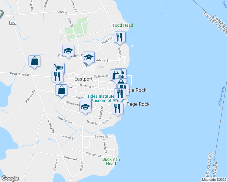map of restaurants, bars, coffee shops, grocery stores, and more near 17 Boynton Street in Eastport
