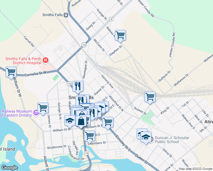 map of restaurants, bars, coffee shops, grocery stores, and more near 65 Daniel Street in Smiths Falls