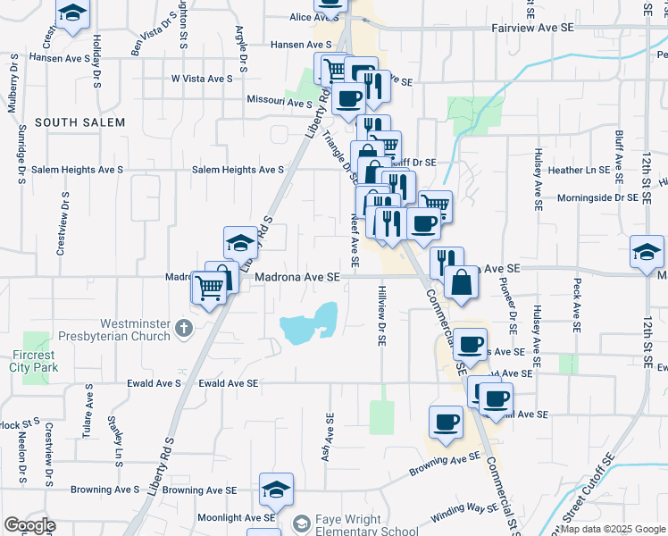 map of restaurants, bars, coffee shops, grocery stores, and more near 407 Madrona Avenue Southeast in Salem