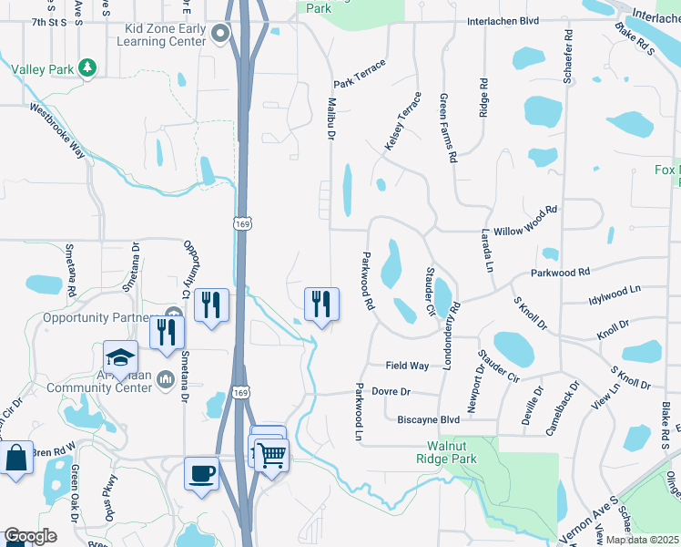 map of restaurants, bars, coffee shops, grocery stores, and more near 6640 Parkwood Road in Minneapolis
