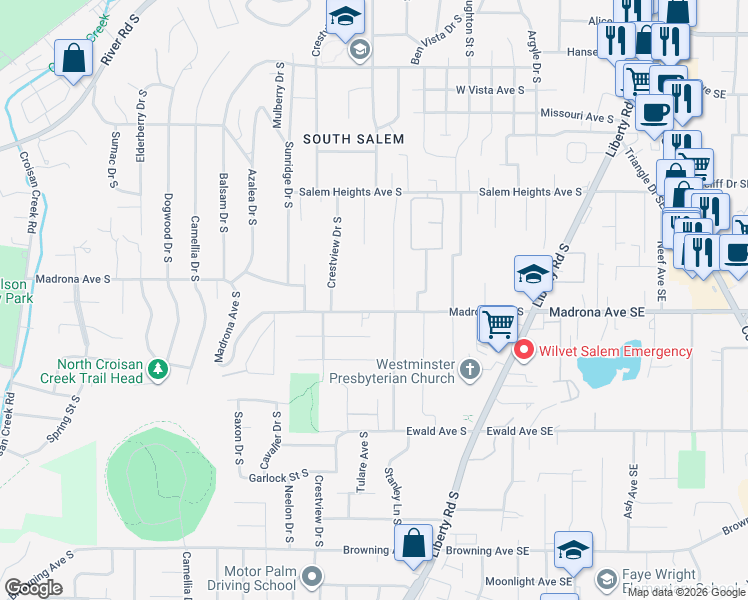 map of restaurants, bars, coffee shops, grocery stores, and more near 725 Madrona Avenue South in Salem